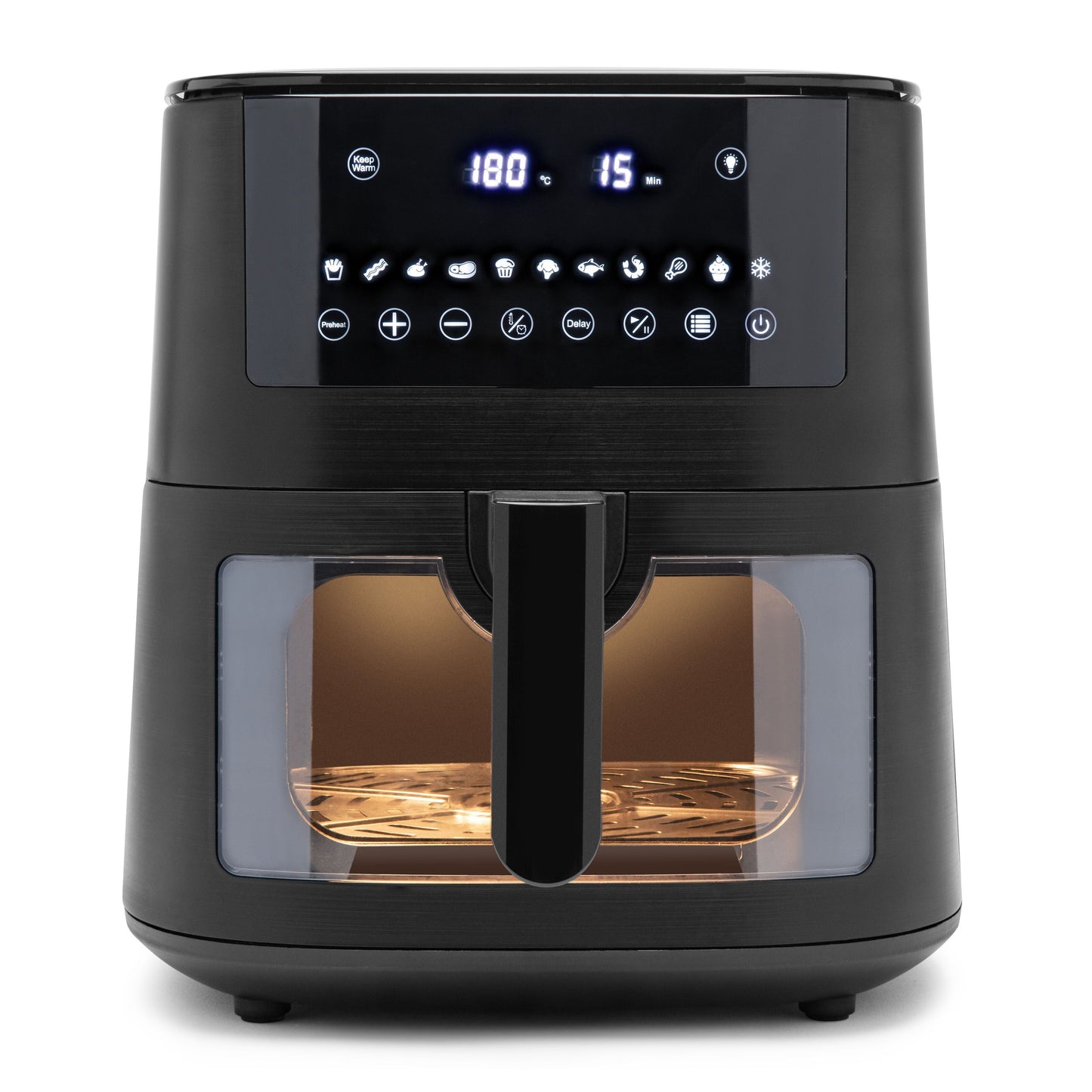 Airfryer XL 6,5 liter sort med touchscreen, temperatur/timer, frontkurv m. vindue, non-stick indvendig og bakke.