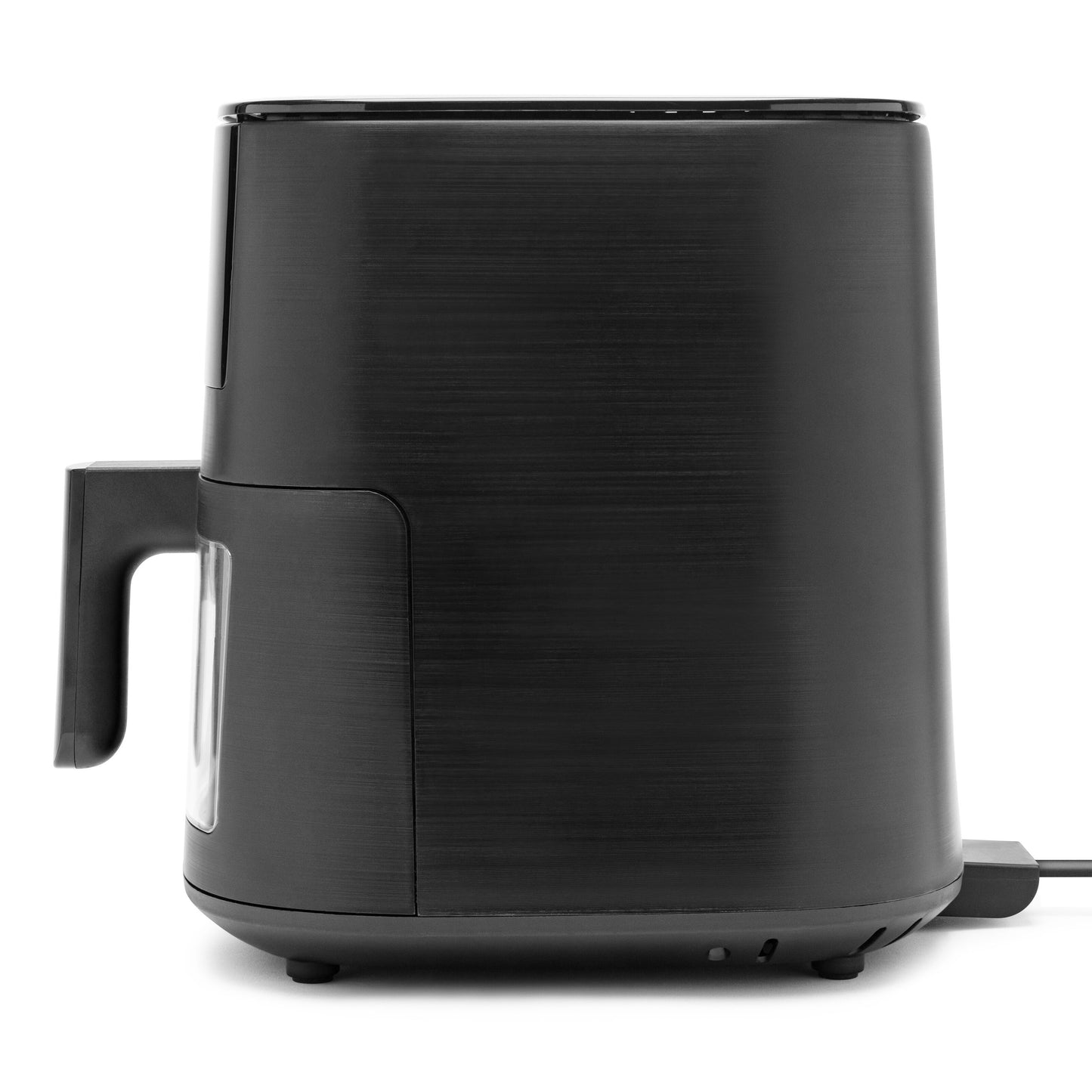 Airfryer XL 6,5 liter sort, venstresidet non-stick håndtag og strømkabel til højre, set fra siden.