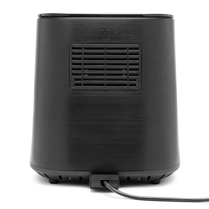 Sort Airfryer XL 6,5L sæt bagfra med horisontalt ventilationsgitter, advarselsikon og strømledning nederst.