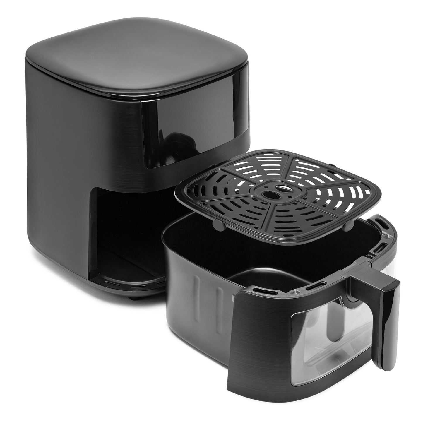 Sort Airfryer XL 6,5 liter med non-stick kurv og bakke fjernet foran, indblik til apparatets indre dele.