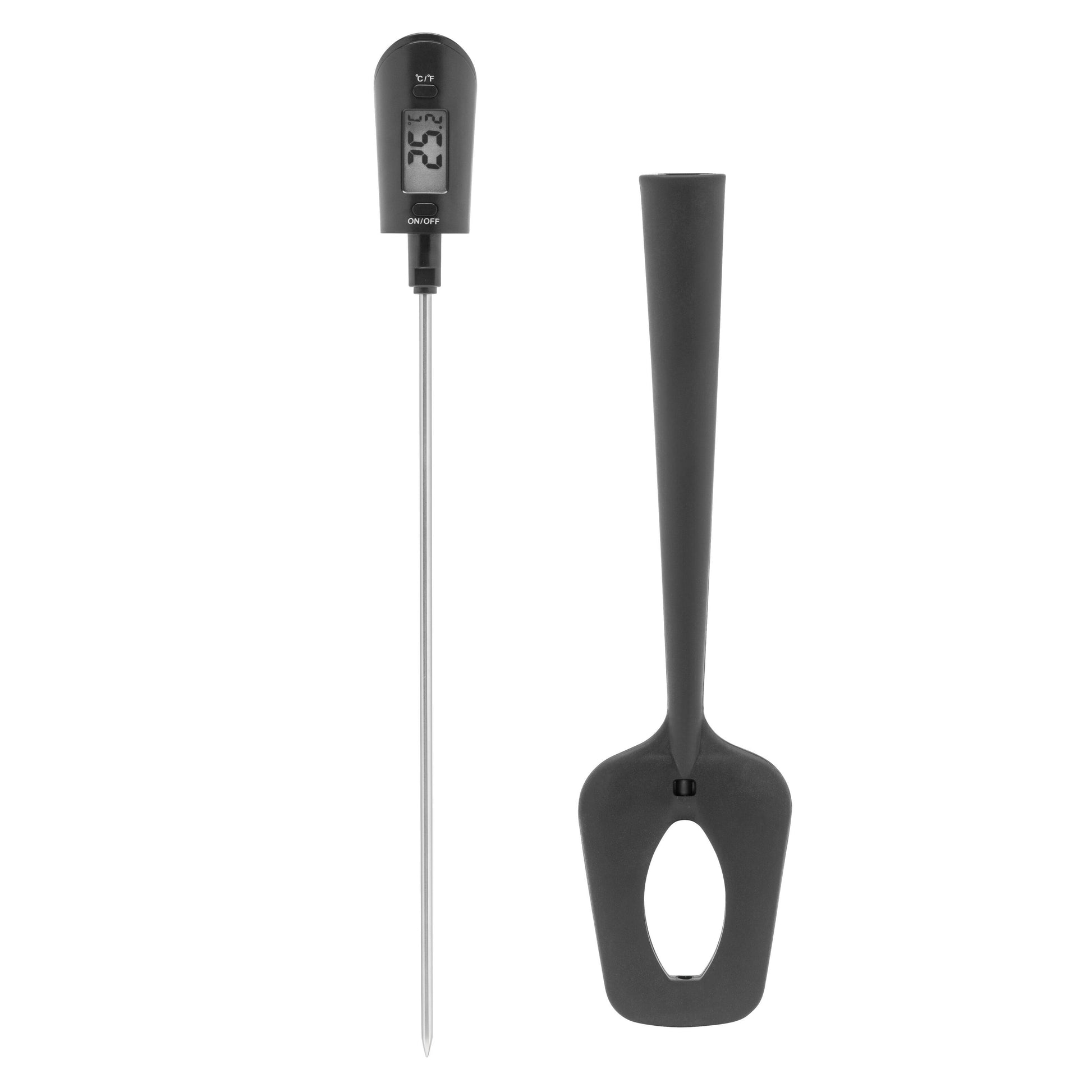 Digitalt køkkentermometer med langt metalspyd, LCD-display og fleksibel dejskraber.