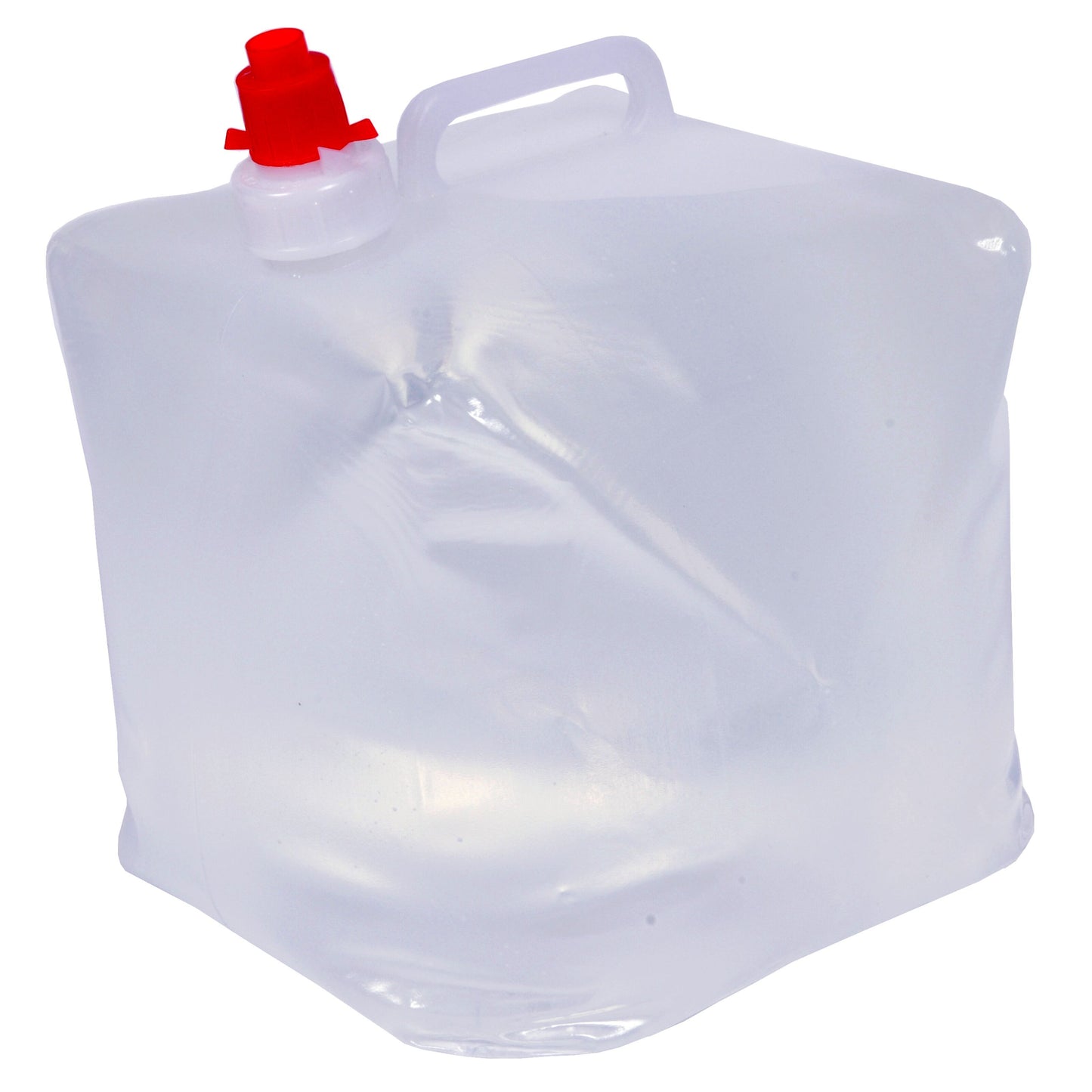 Sammenklappelig vanddunk 10 liter, transparent med rød tud, hvidt låg og bærehåndtag.