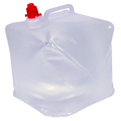Sammenklappelig vanddunk 10 liter, transparent med rød tud, hvidt låg og bærehåndtag.