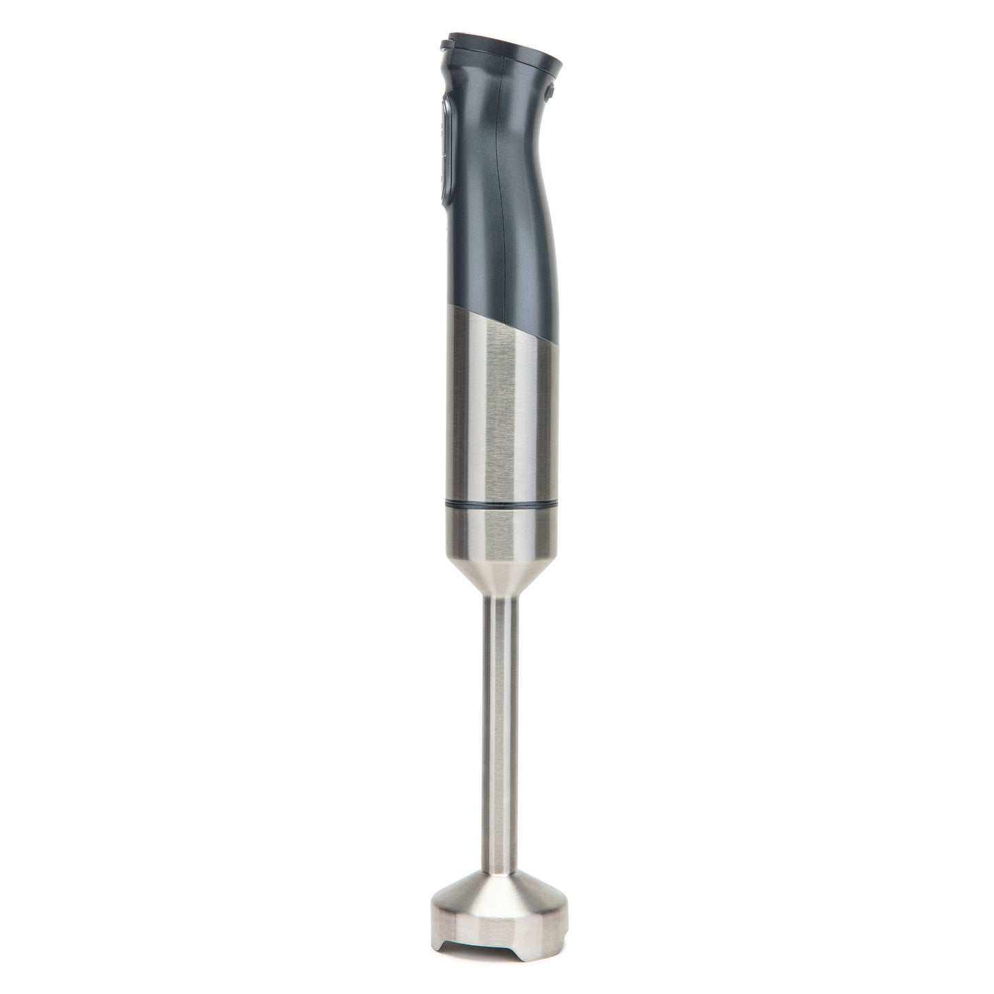 Trådløs stavblender i rustfrit stål og sort med USB-C opladning, står oprejst.