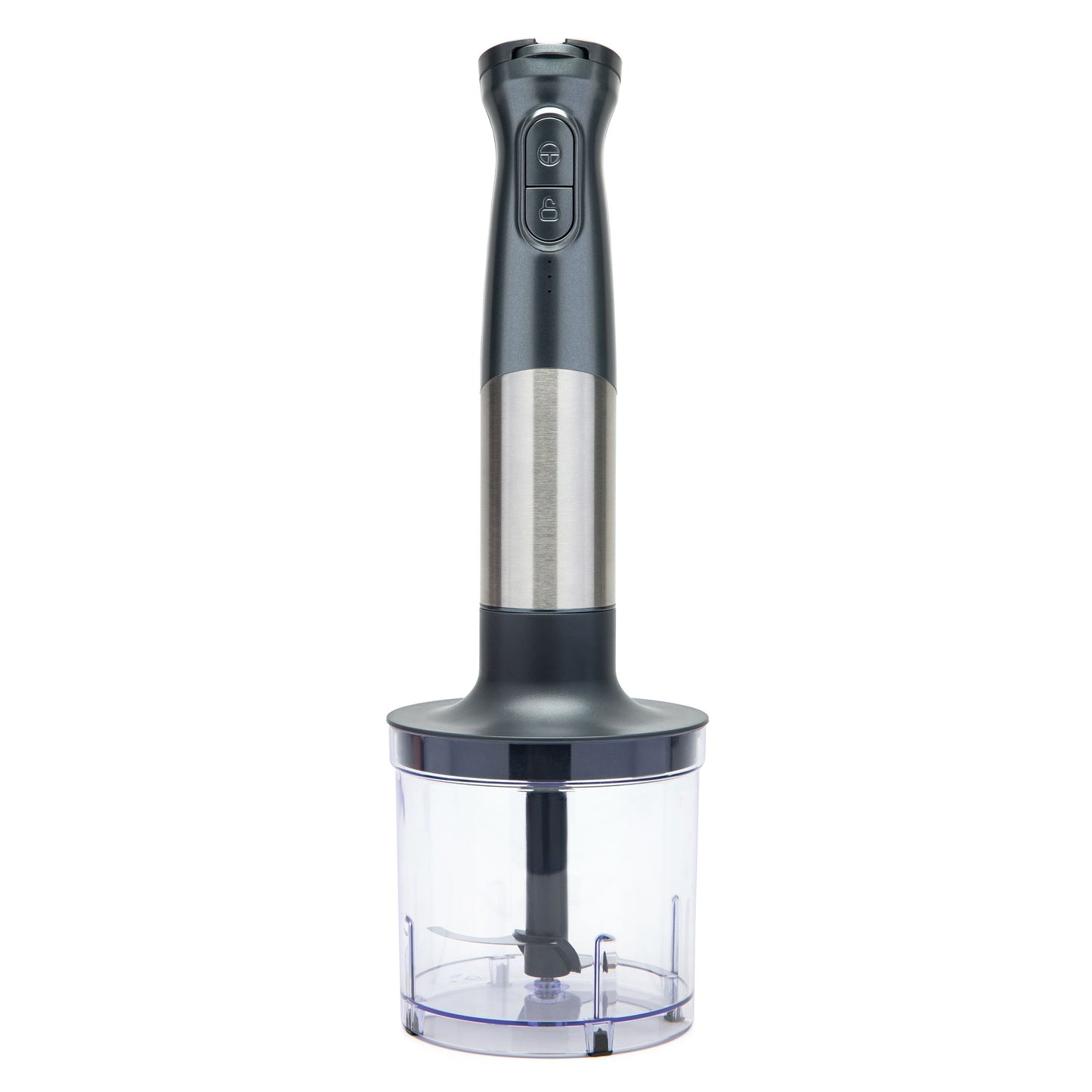 Trådløs stavblender sort/sølv, transparent beholder, to knapper, USB-C opladning.