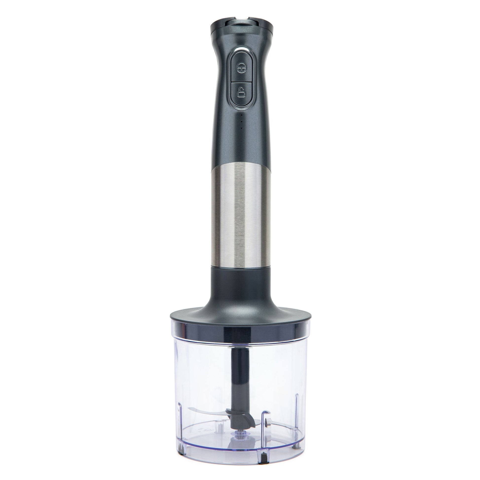 Trådløs stavblender sort/sølv, transparent beholder, to knapper, USB-C opladning.