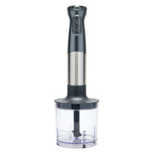Trådløs stavblender sort/sølv, transparent beholder, to knapper, USB-C opladning.