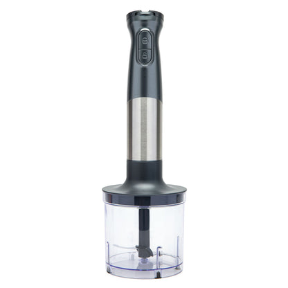 Trådløs stavblender sort/sølv, transparent beholder, to knapper, USB-C opladning.