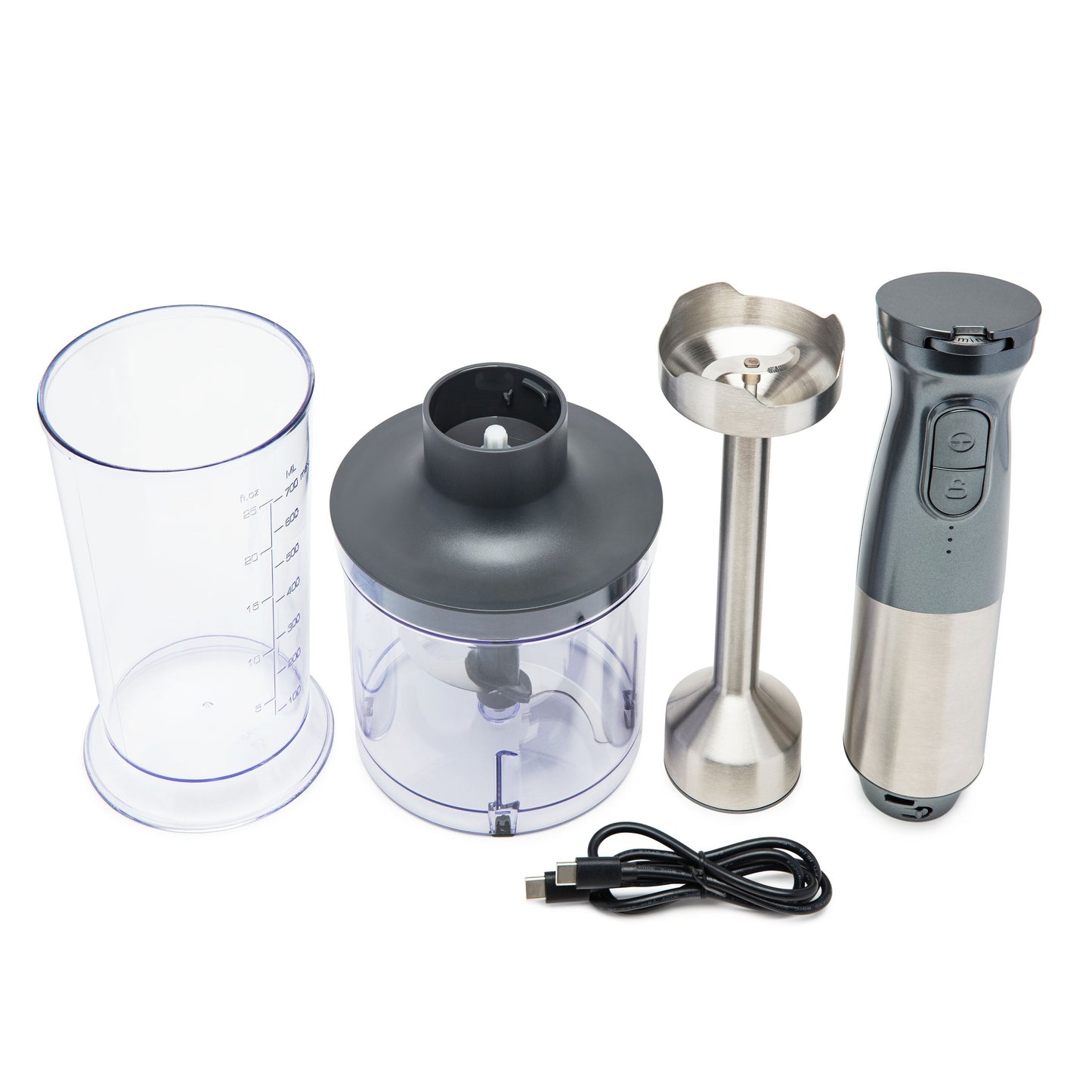 Trådløs stavblender i rustfrit stål/sort med målebæger, foodprocessor-skål, kniv, blenderstav og USB-C ladekabel.