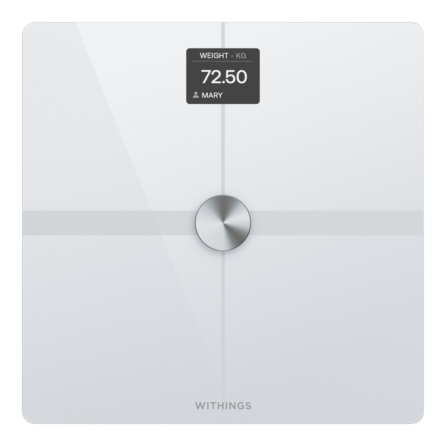 Withings Body Smart badevægt med wifi, display viser 72,50 kg og navnet MARY.