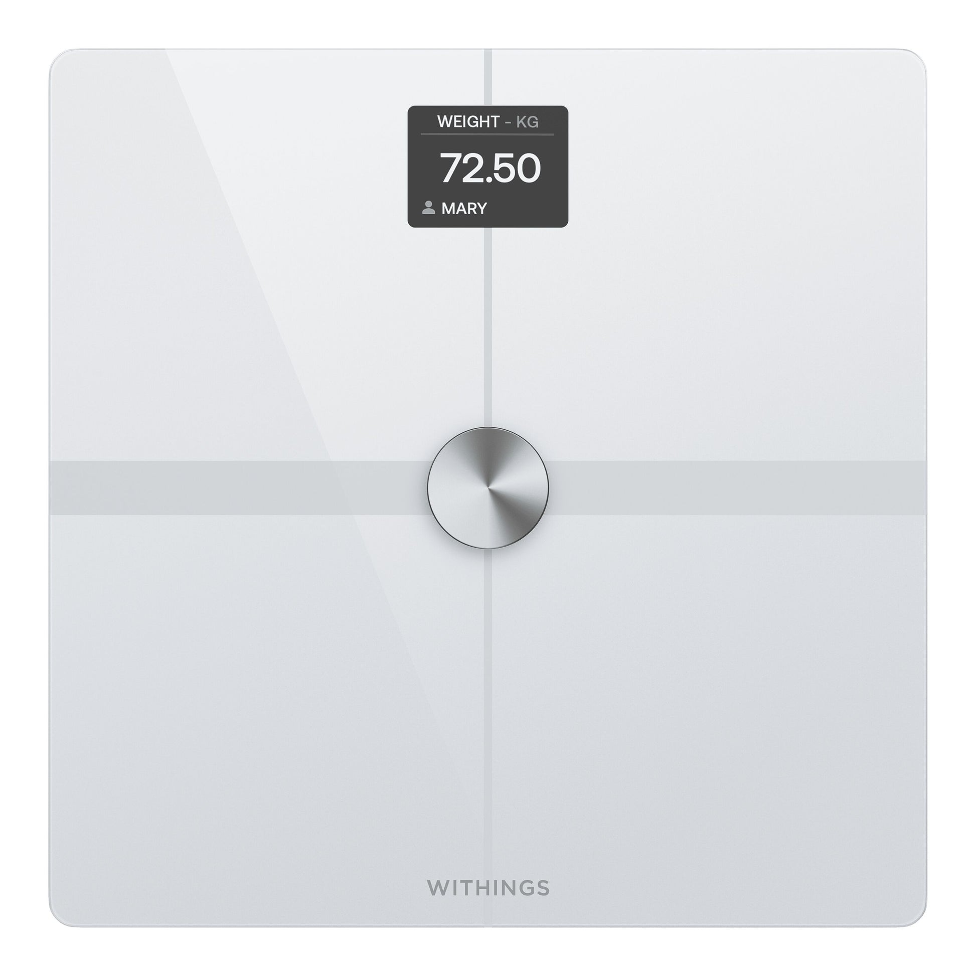 Withings Body Smart badevægt med wifi, display viser 72,50 kg og navnet MARY.