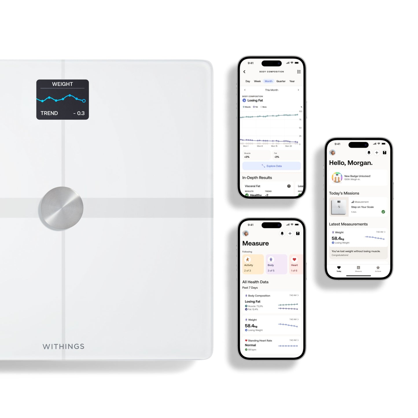 Withings Body Smart vægt wifi hvid med to smartphones viser sundhedsovervågning og kropssammensætning trendlinje.
