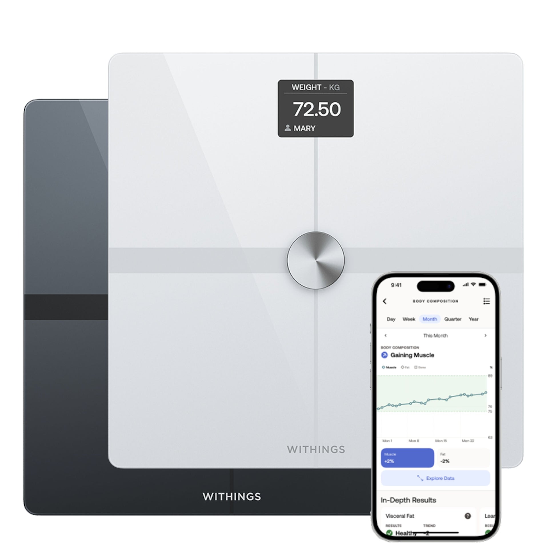 Withings Body Smart wifi badevægt sort viser 72,50 kg for Mary med detaljerede vægtdetaljer i Withings app.