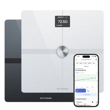Withings Body Smart wifi badevægt sort viser 72,50 kg for Mary med detaljerede vægtdetaljer i Withings app.