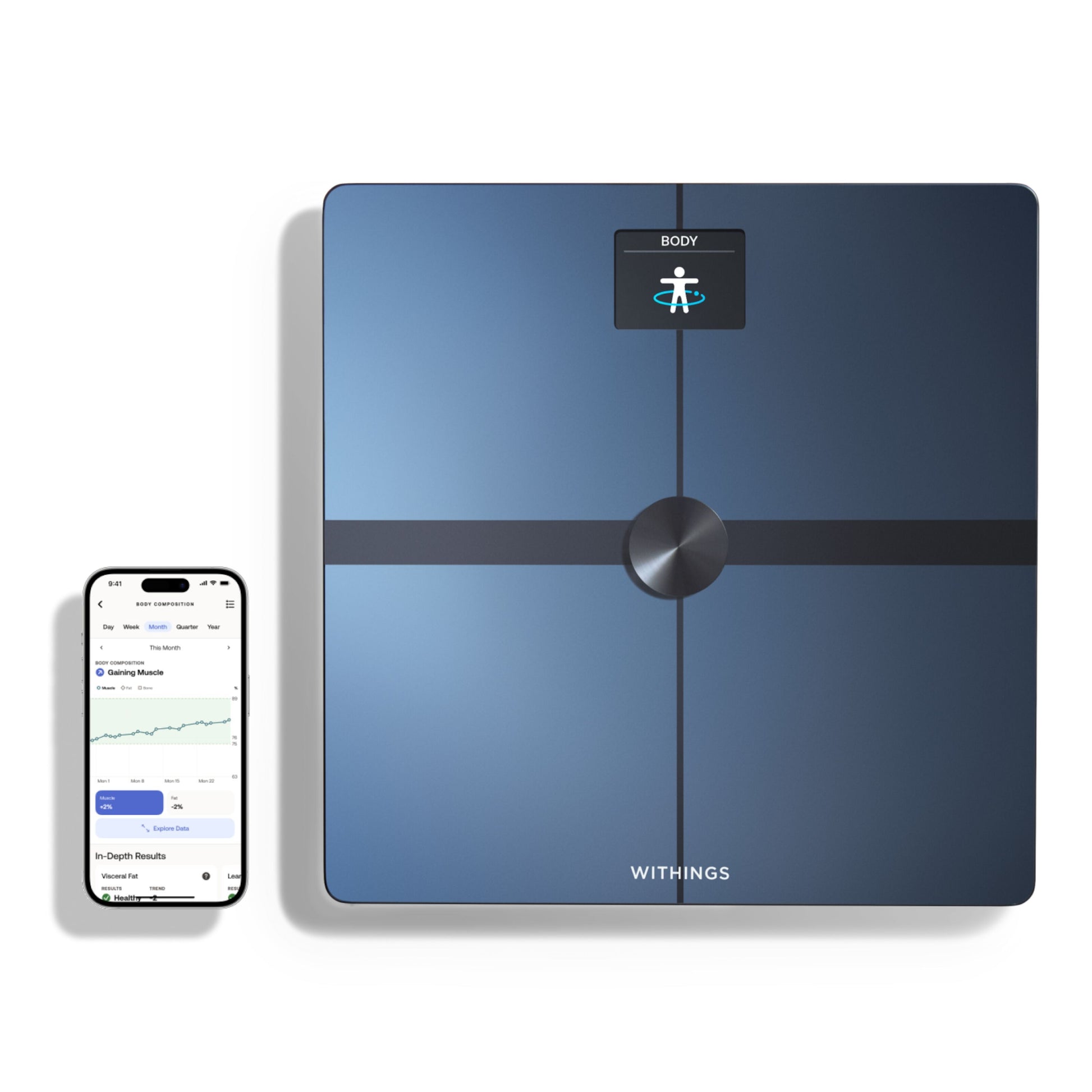 Withings Body Smart personvægt med wifi, sort, ved siden af smartphone med vægt- og sundhedsdata på skærm.