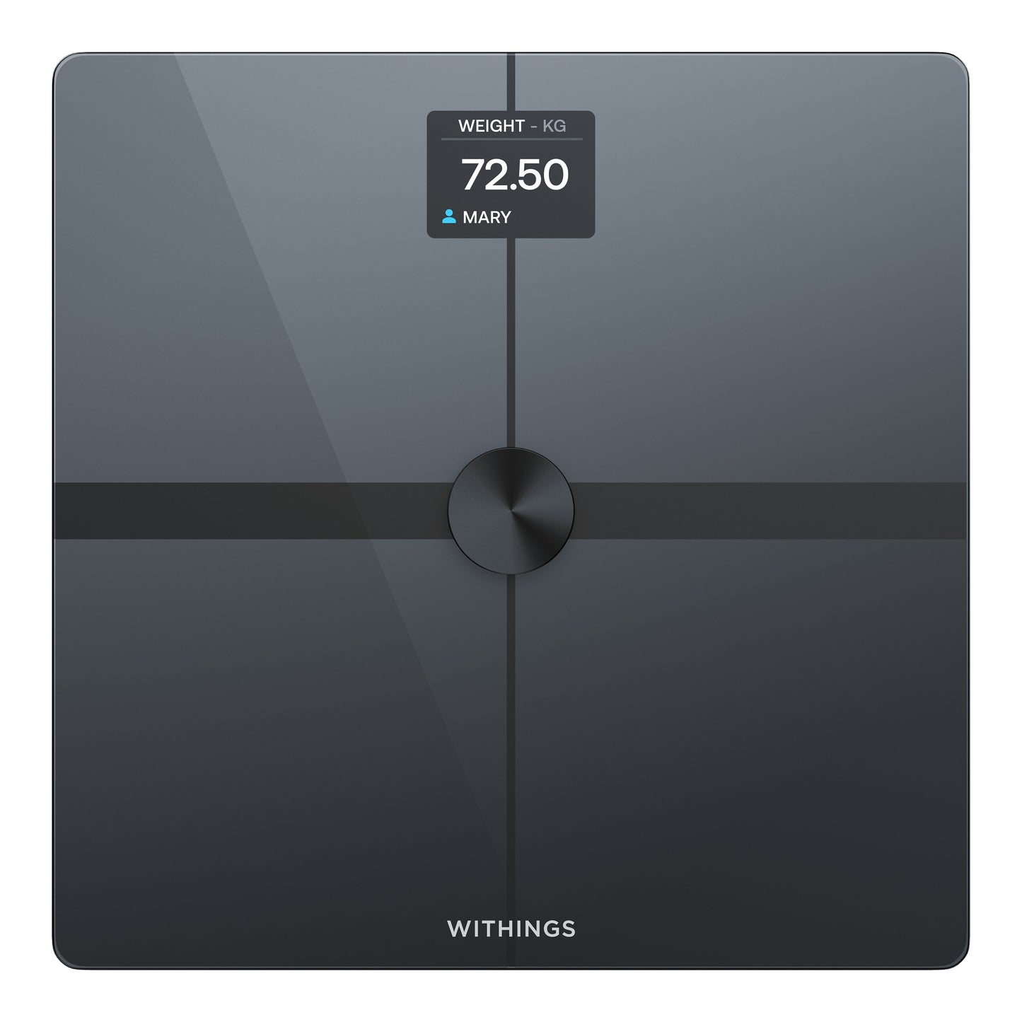 Withings Body Smart badevægt sort med wifi, viser 72,50 kg og navnet Mary på displayet, Withings-logo nederst.