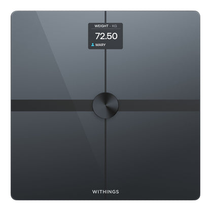 Withings Body Smart badevægt sort med wifi, viser 72,50 kg og navnet Mary på displayet, Withings-logo nederst.
