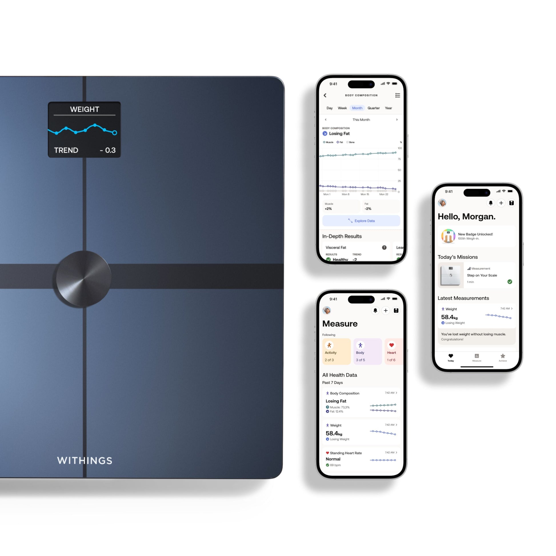 Withings Body Smart personvægt med wifi, sort, vises med tre smartphones med sundhedsdata fra vægt og målinger.