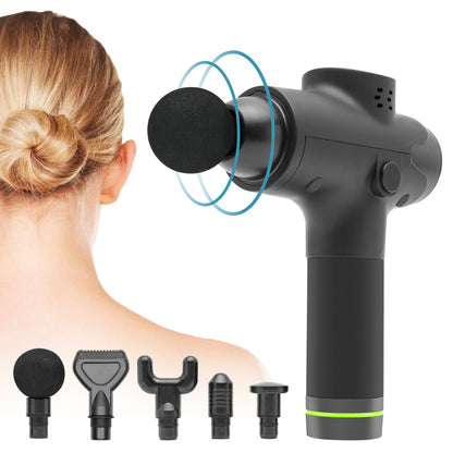 Massagepistol USB-C med rundt hoved i brug, fire ekstra massagehoveder vises under, blonde kvinde demonstrerer.