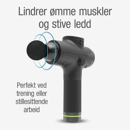 Rubicson Massagepistol USB-C med rundt hoved, norsk tekst, mod ømme muskler og stive led, egnet til restitution.
