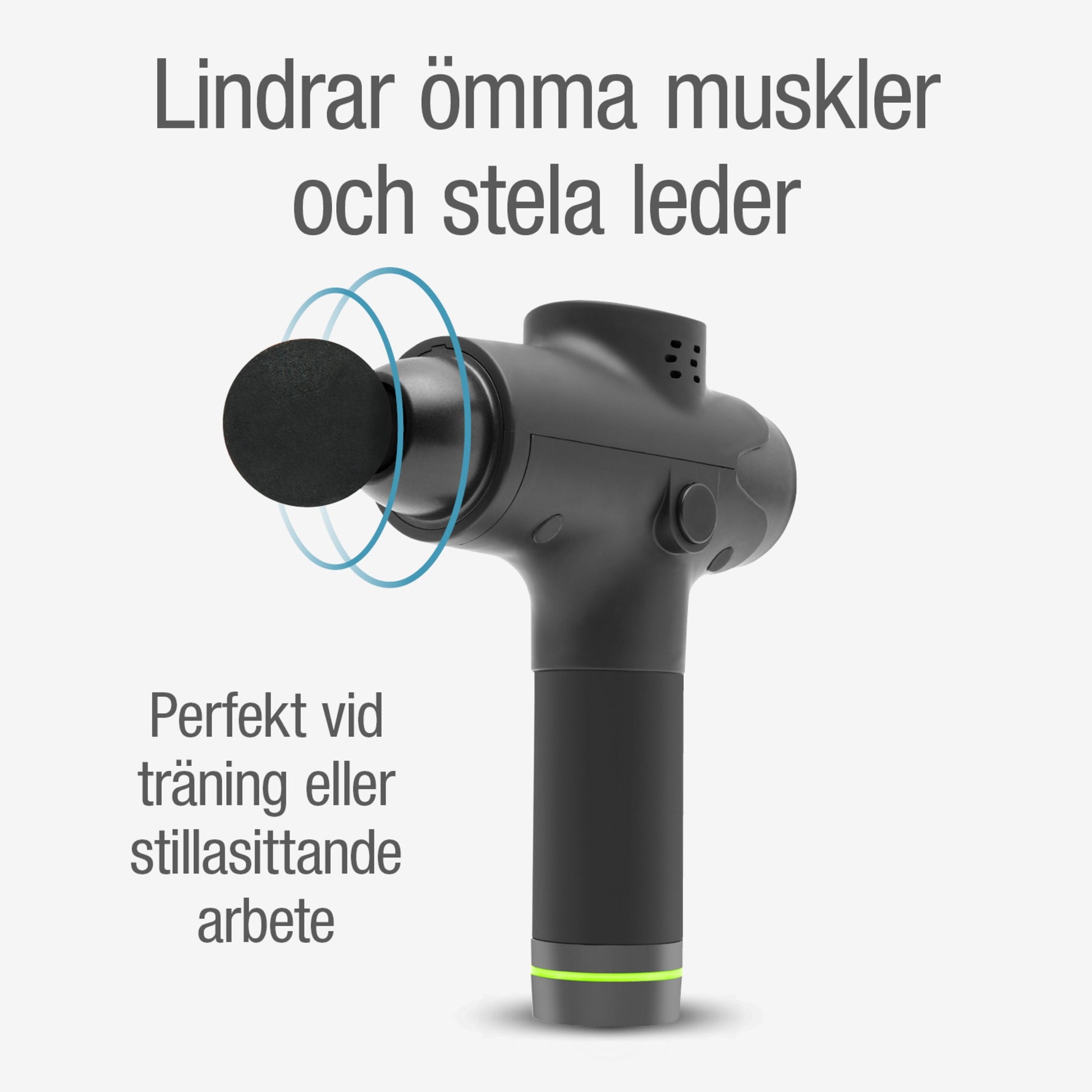 Massagepistol USB-C sort med blå detaljer, tekst på billedet: Lindrer ømme muskler og stive led, ideel til massage.