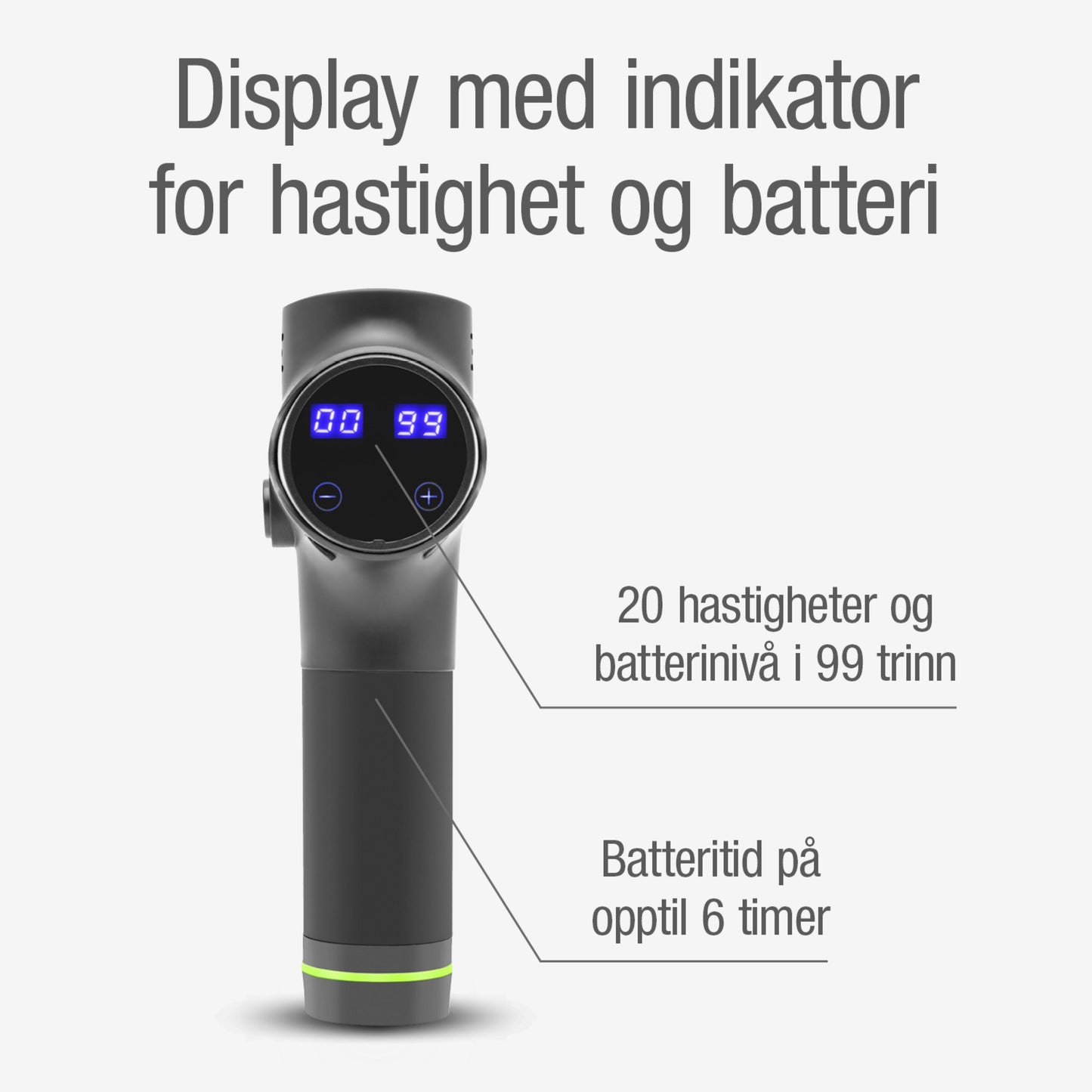 Massagepistol USB-C sort med digitalt display, 20 hastigheder, 99 batteriniveauer, op til 6 timers brug.