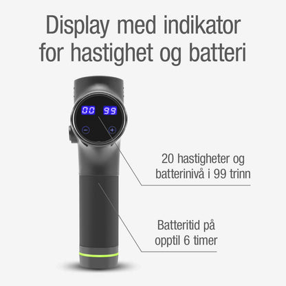 Massagepistol USB-C sort med digitalt display, 20 hastigheder, 99 batteriniveauer, op til 6 timers brug.