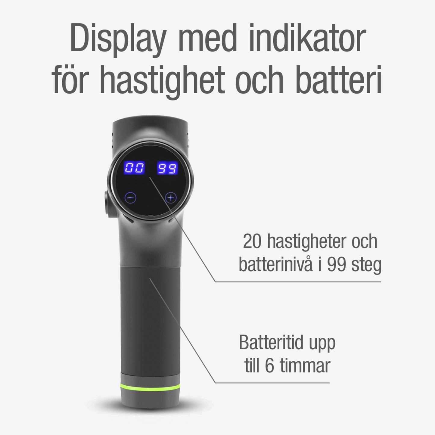 Rubicson massagepistol sort med USB-C, digitalt display 00 99, 20 hastigheder, 99 batteriniveauer, op til 6 timers brug.