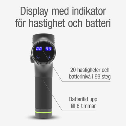 Rubicson massagepistol sort med USB-C, digitalt display 00 99, 20 hastigheder, 99 batteriniveauer, op til 6 timers brug.