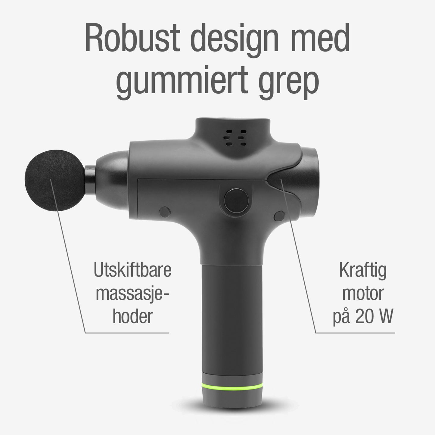 Rubicson massagepistol USB-C med rundt hoved, norsk tekst, gummigreb, 20W motor og udskiftelige hoveder vises.