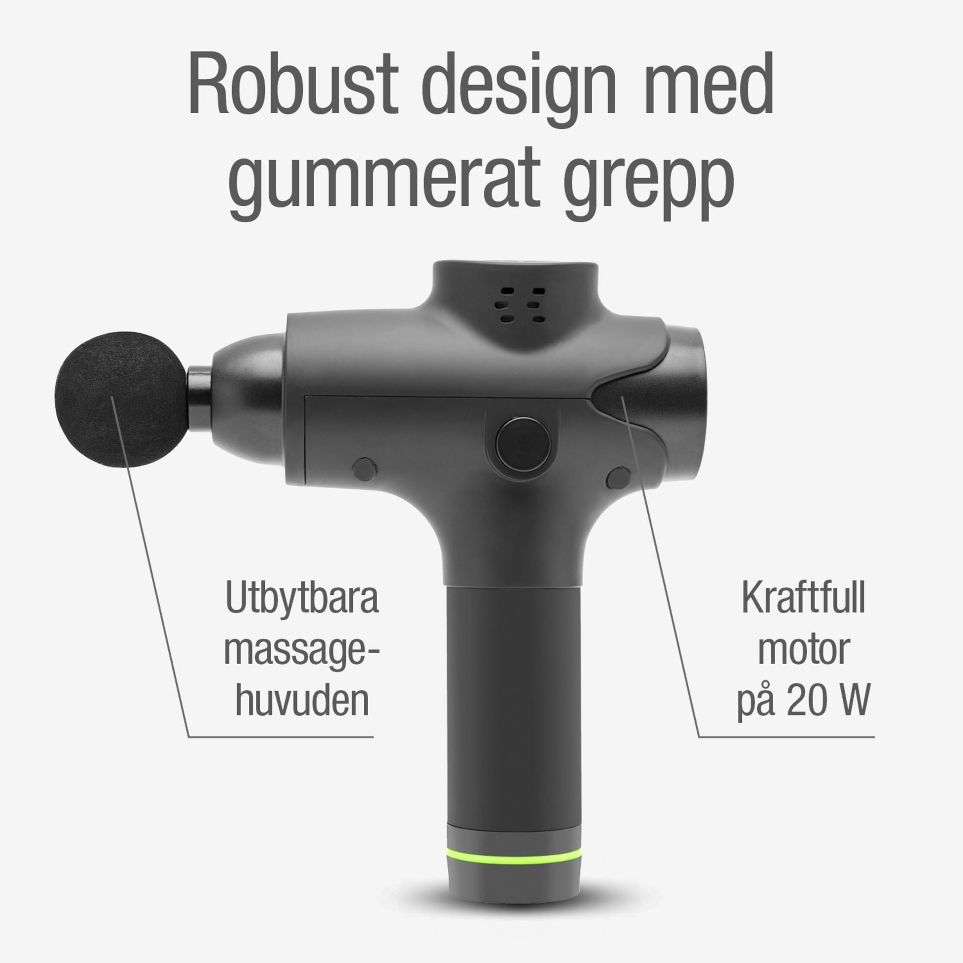 Massagepistol USB-C sort, udskiftelige hoveder, 20W motor, gummigreb, svensk tekst på æske.