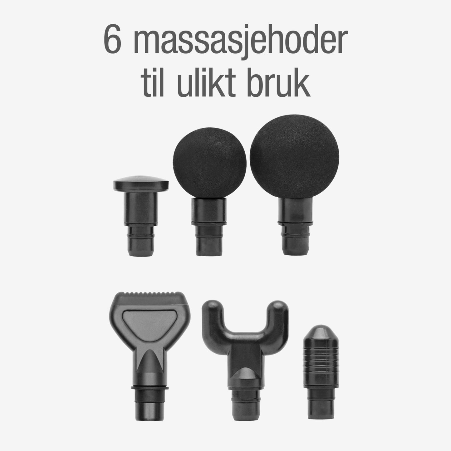 Rubicson massagepistol USB-C 6 sorte hoveder vist i to rækker, norsk tekst: 6 massasjéhoder til ulikt bruk.