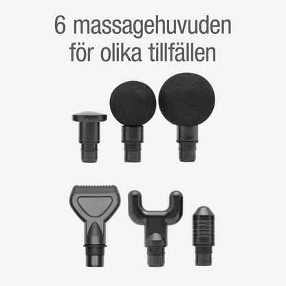 Rubicson massagepistol hoveder USB-C, 6 sorte hoveder vist i to rækker, svensk tekst: 6 massagehoveder til forskellige behov.