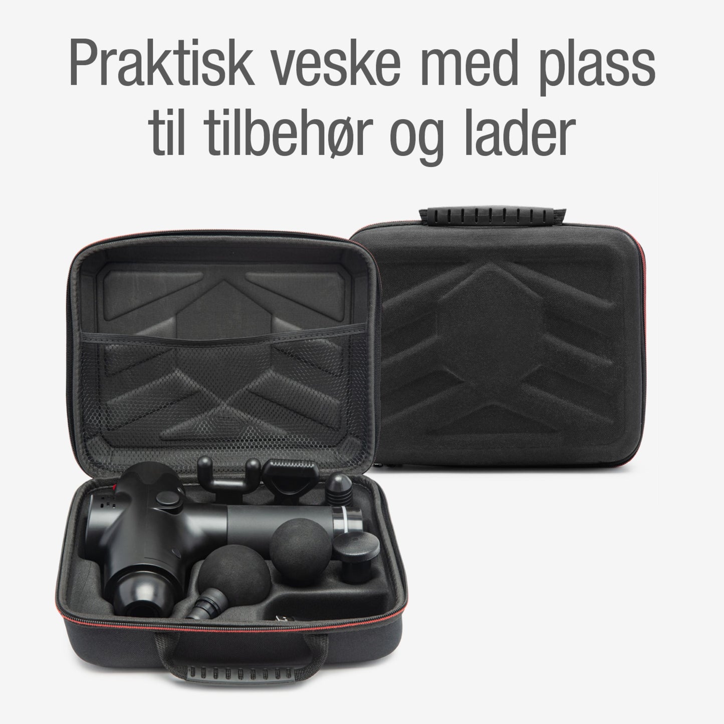 Rubicson Massagepistol USB-C med tilbehør i åben sort taske, lukket taske bagved, norsk tekst over produktet.