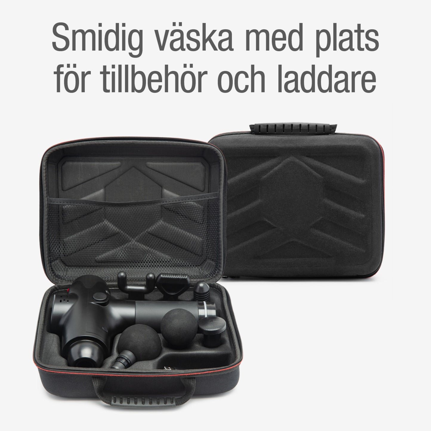 Rubicson Massagepistol USB-C med oplader og tilbehør i sort taske vises åben og lukket, svensk tekst over produktet.