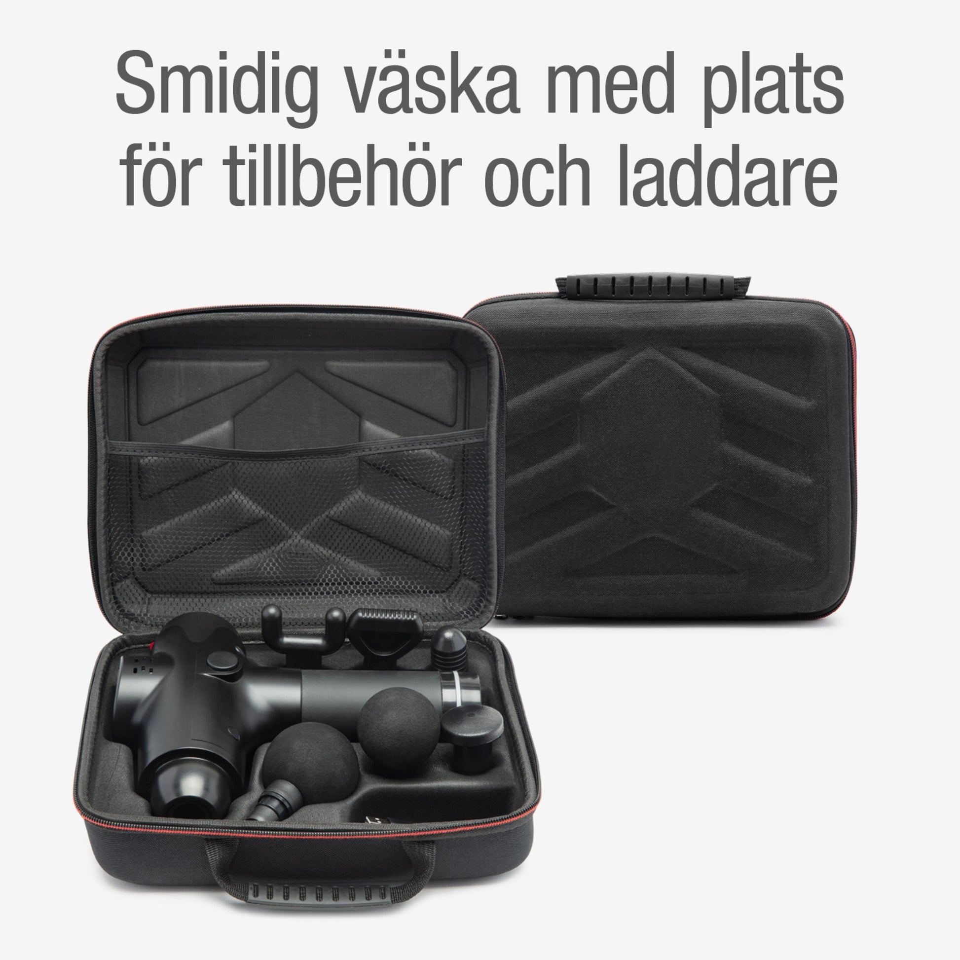 Rubicson Massagepistol USB-C med oplader og tilbehør i sort taske vises åben og lukket, svensk tekst over produktet.