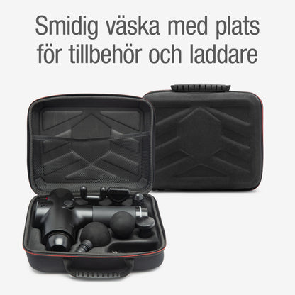 Rubicson Massagepistol USB-C med oplader og tilbehør i sort taske vises åben og lukket, svensk tekst over produktet.