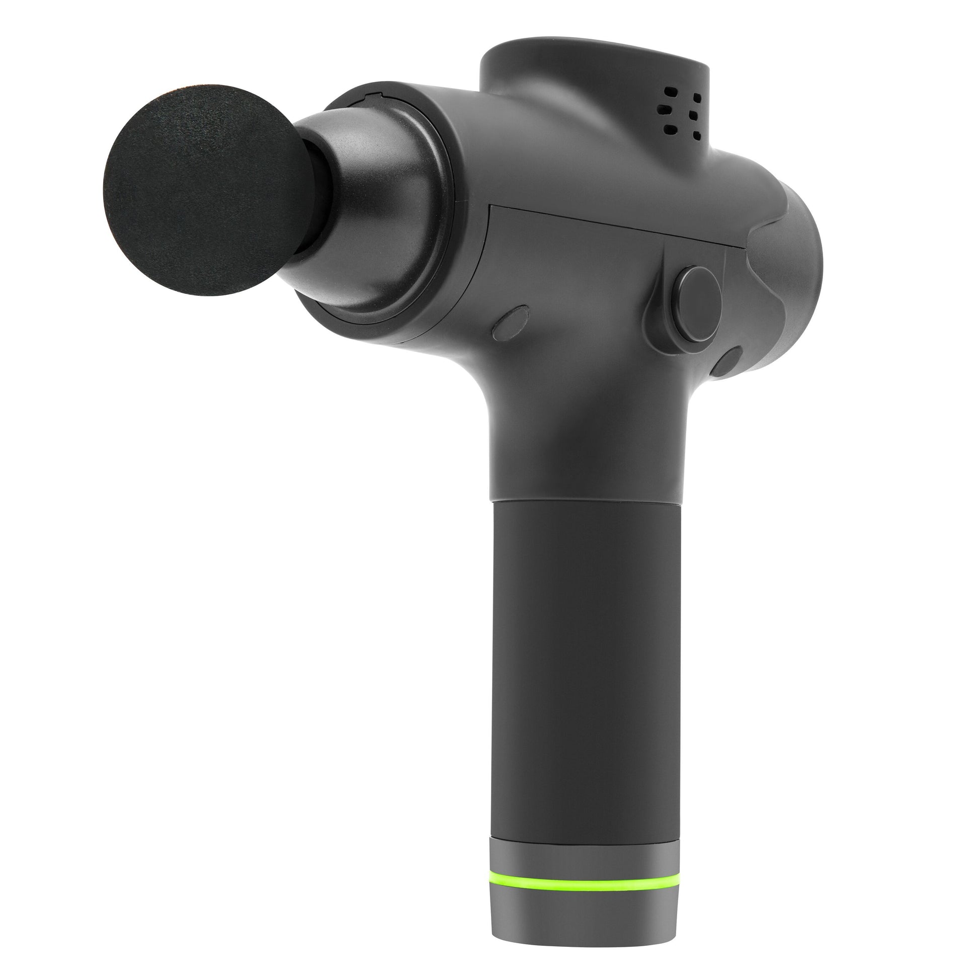 Rubicson Massagepistol USB-C, sort håndholdt massageapparat med rund flad massagehoved og grøn detalje ved bunden.