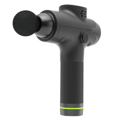 Rubicson Massagepistol USB-C, sort håndholdt massageapparat med rund flad massagehoved og grøn detalje ved bunden.