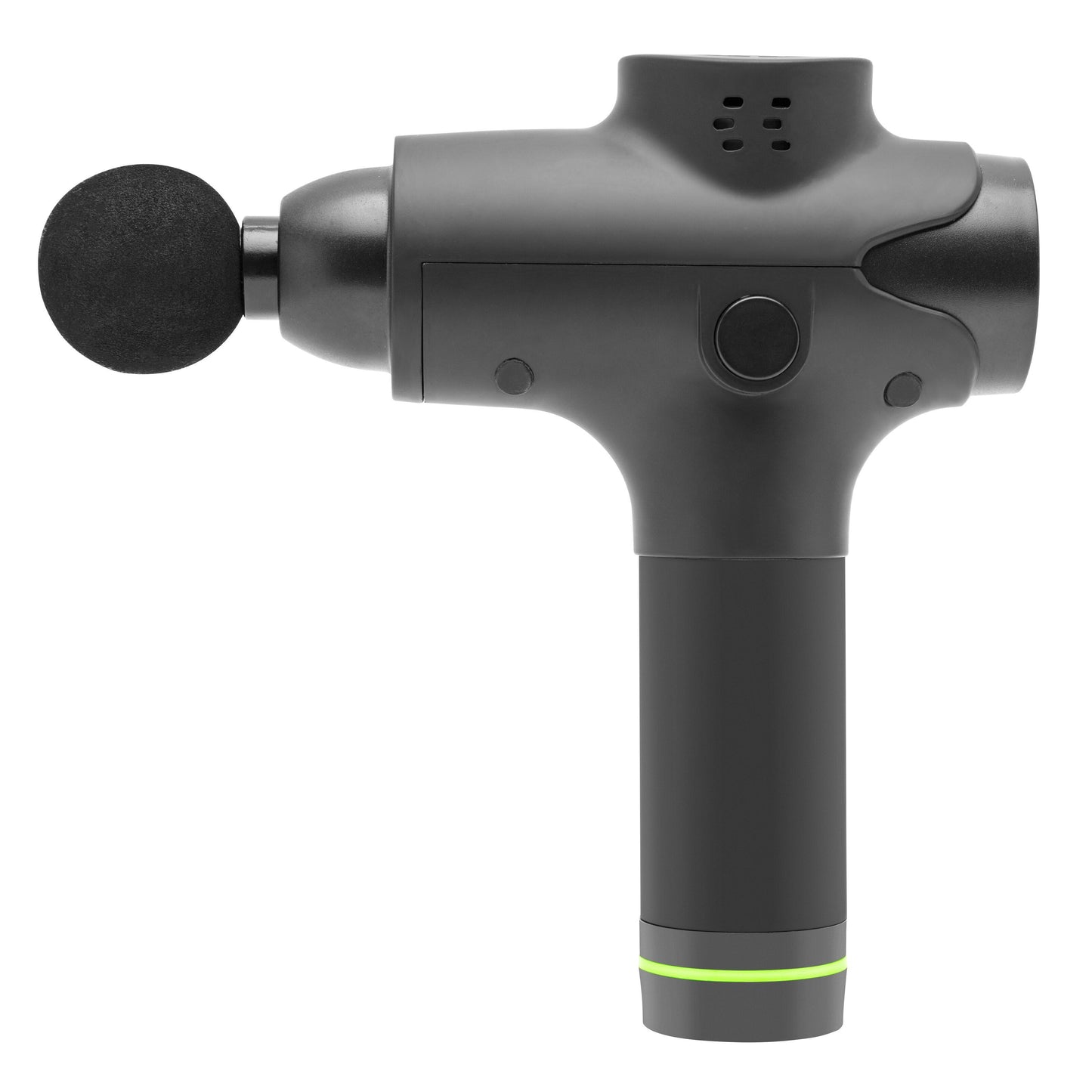 Rubicson Massagepistol USB-C, sort med rund skum-tilsats og grøn detaljeret håndtag.