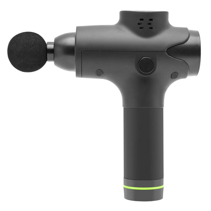 Rubicson Massagepistol USB-C, sort med rund skum-tilsats og grøn detaljeret håndtag.