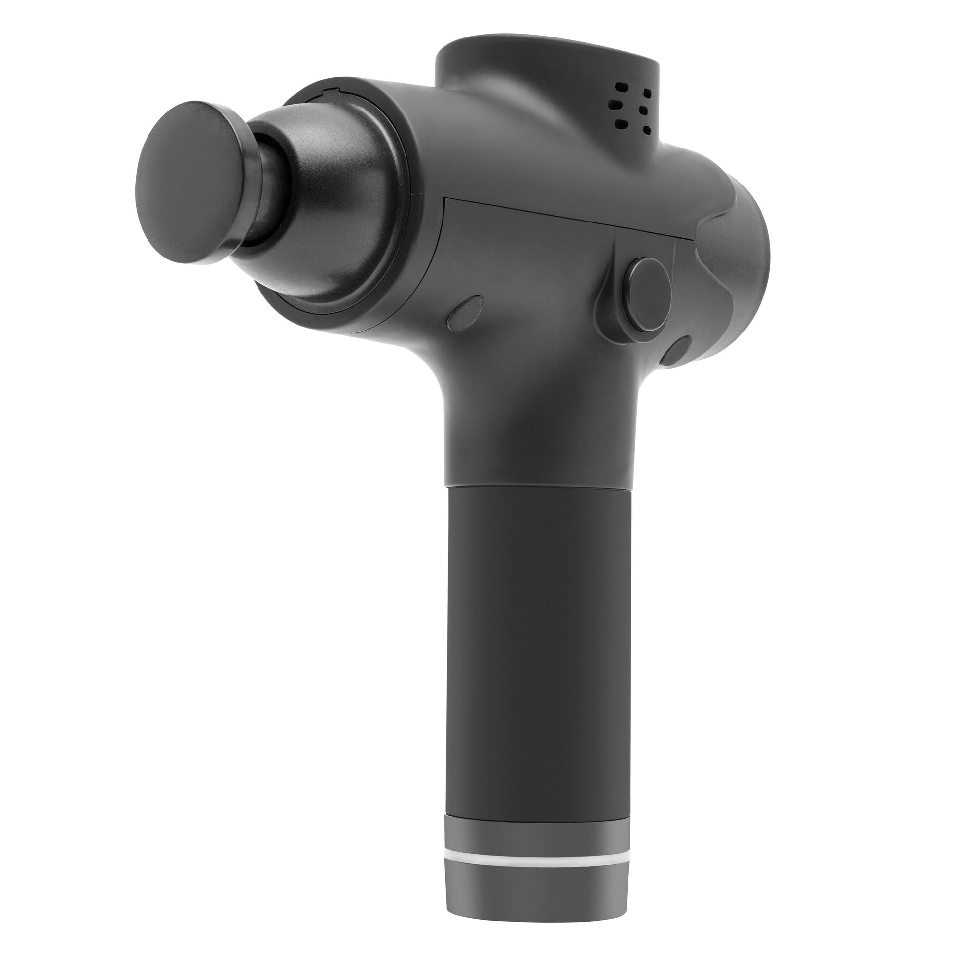 Rubicson Massagepistol USB-C sort, håndholdt med cylindrisk greb og rundt massagehoved, vist i vinkel.