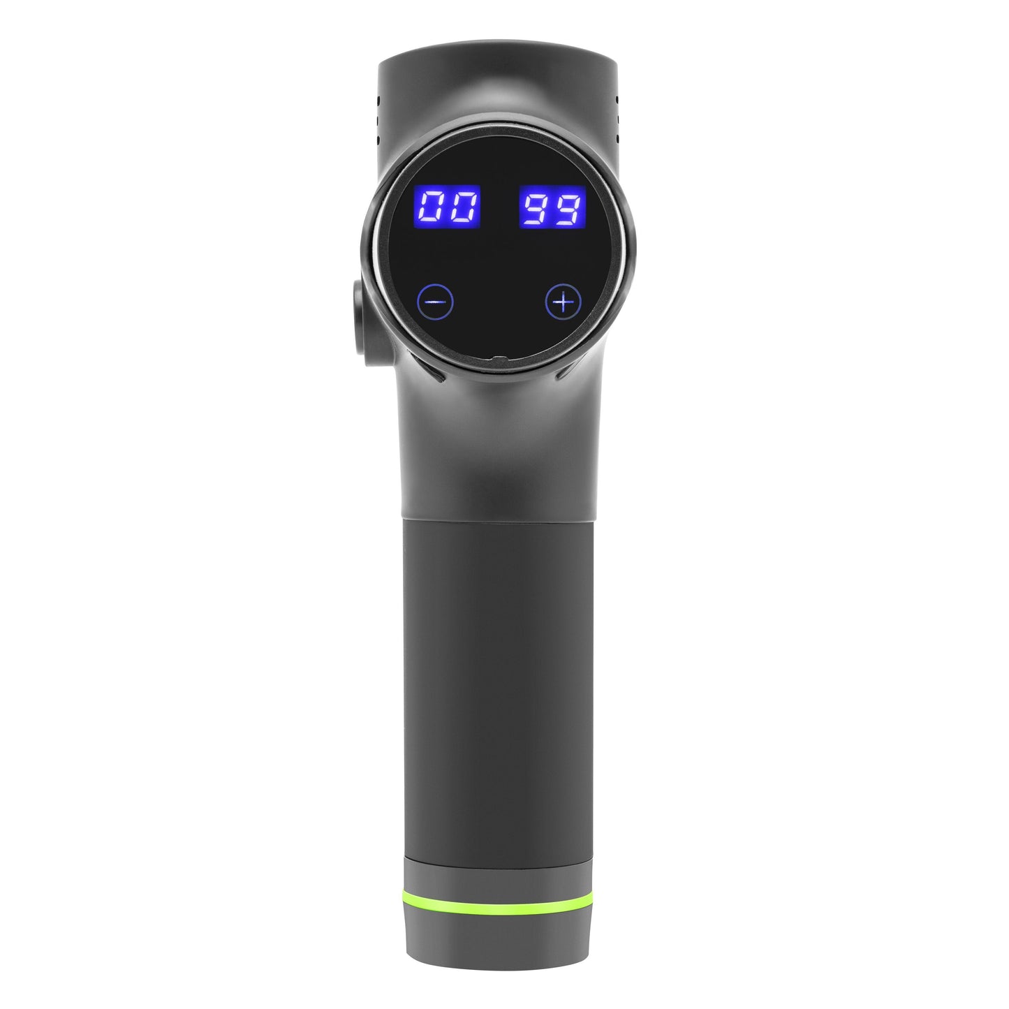 Massagepistol USB-C sort, cylindrisk håndtag, digitalt display med 00 og 99, plus/minus knapper, grøn ring nederst.