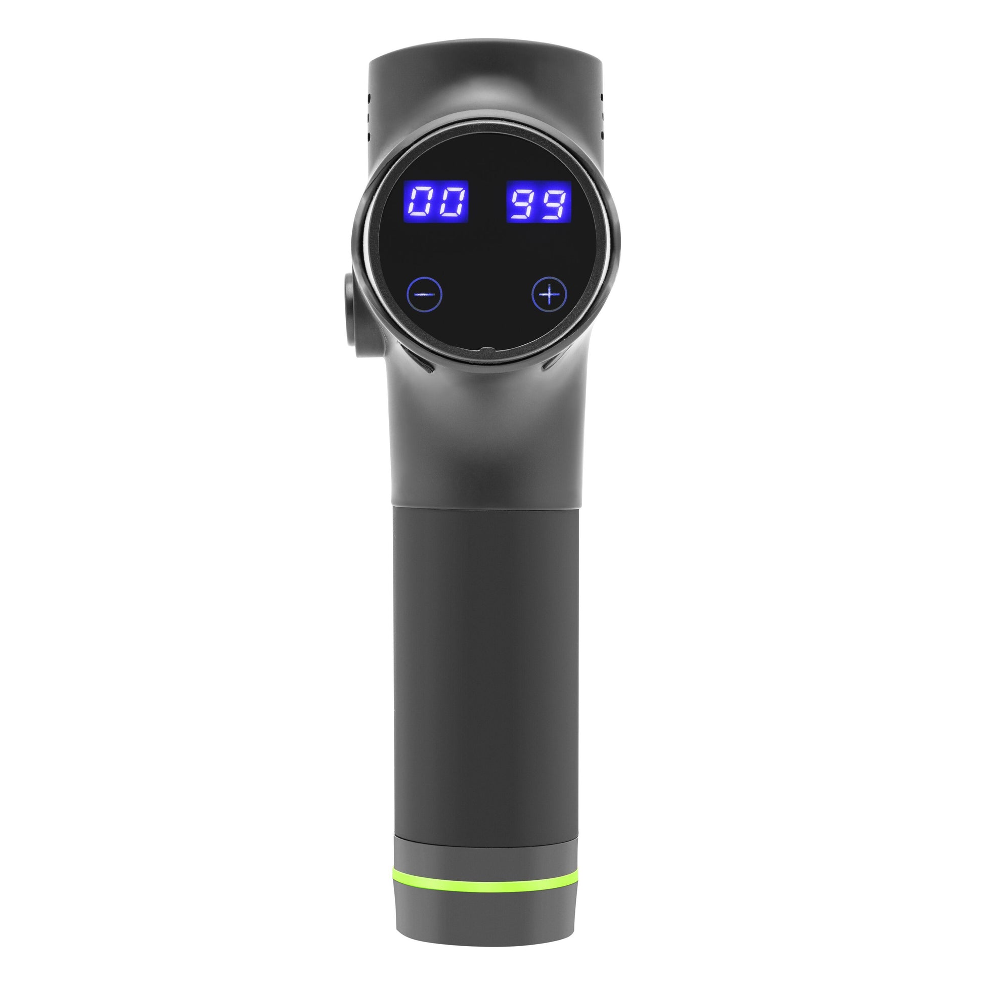 Massagepistol USB-C sort, cylindrisk håndtag, digitalt display med 00 og 99, plus/minus knapper, grøn ring nederst.