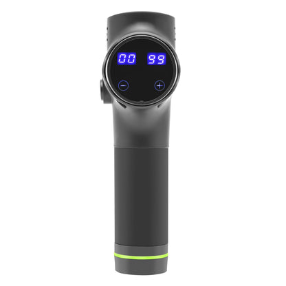 Massagepistol USB-C sort, cylindrisk håndtag, digitalt display med 00 og 99, plus/minus knapper, grøn ring nederst.