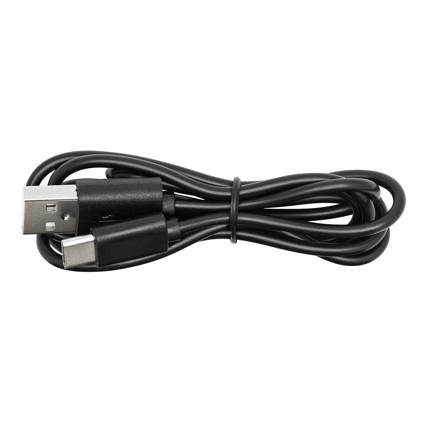 Sort USB-A til USB-C opladerkabel, begge stik synlige, snoet og fastgjort med strips, til Rubicson Massagepistol USB-C.