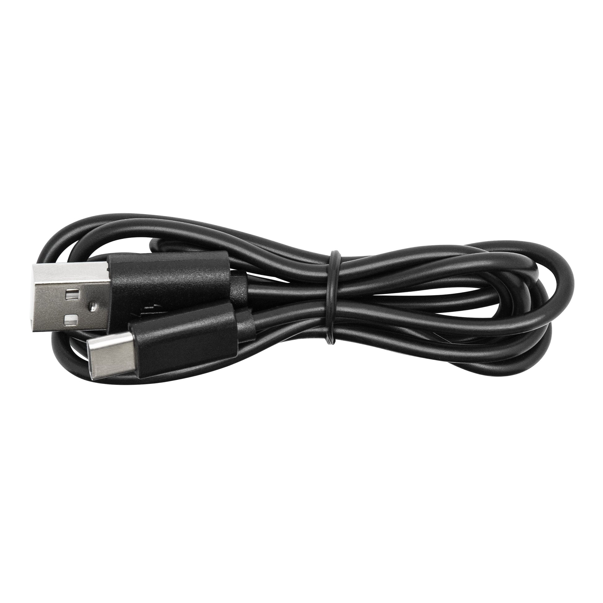 Sort USB-A til USB-C opladerkabel, begge stik synlige, snoet og fastgjort med strips, til Rubicson Massagepistol USB-C.
