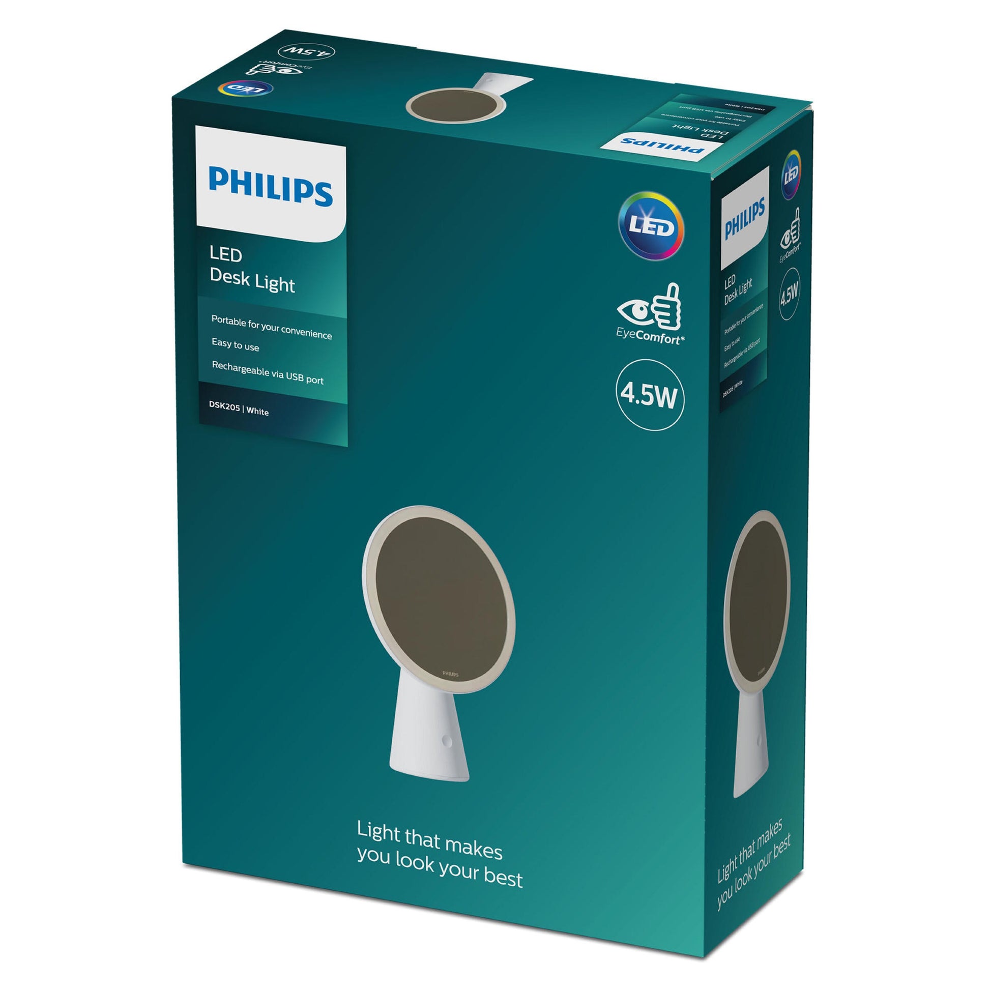 Philips Makeup spejl hvid med LED-belysning, EyeComfort, USB-opladning og 4,5W.