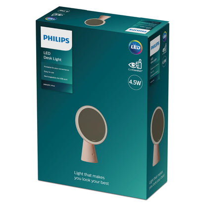 Philips Makeup spejl Lyserød med LED-belysning, EyeComfort, USB-opladning, 4,5W vises med æske.