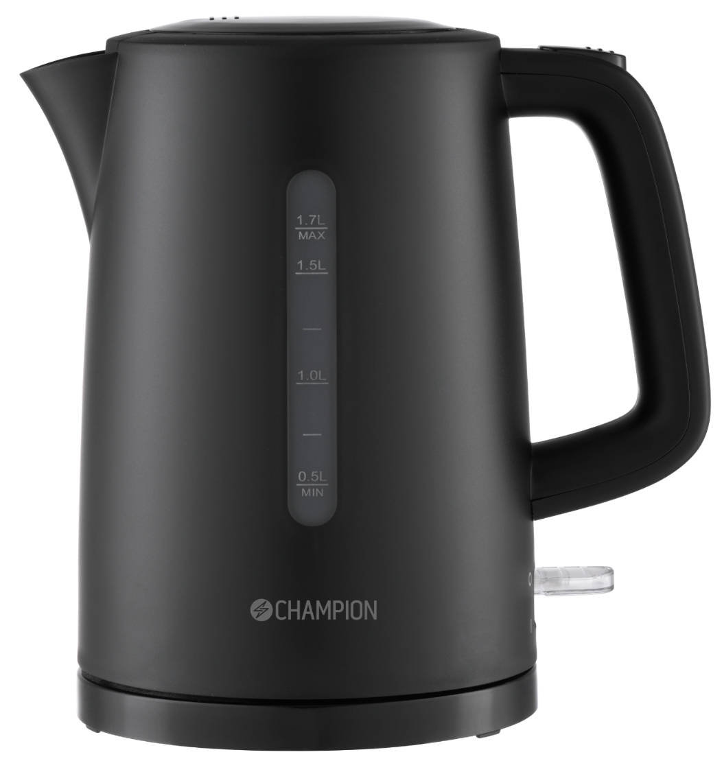 Champion elkedel 1,7 L mat sort med vandstandsindikator 0,5-1,7L og automatisk slukning.